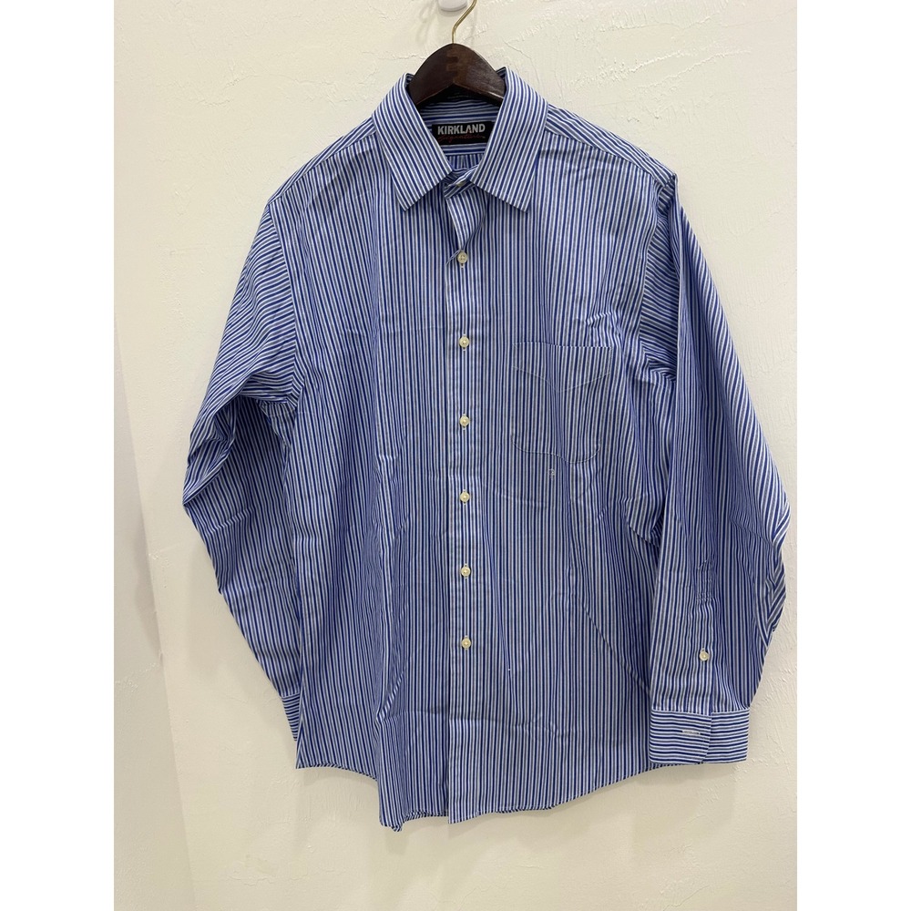 Kirkland Signature Mens Slim Fit Non-Iron Striped Dress Shirt Blue White 15.5 34